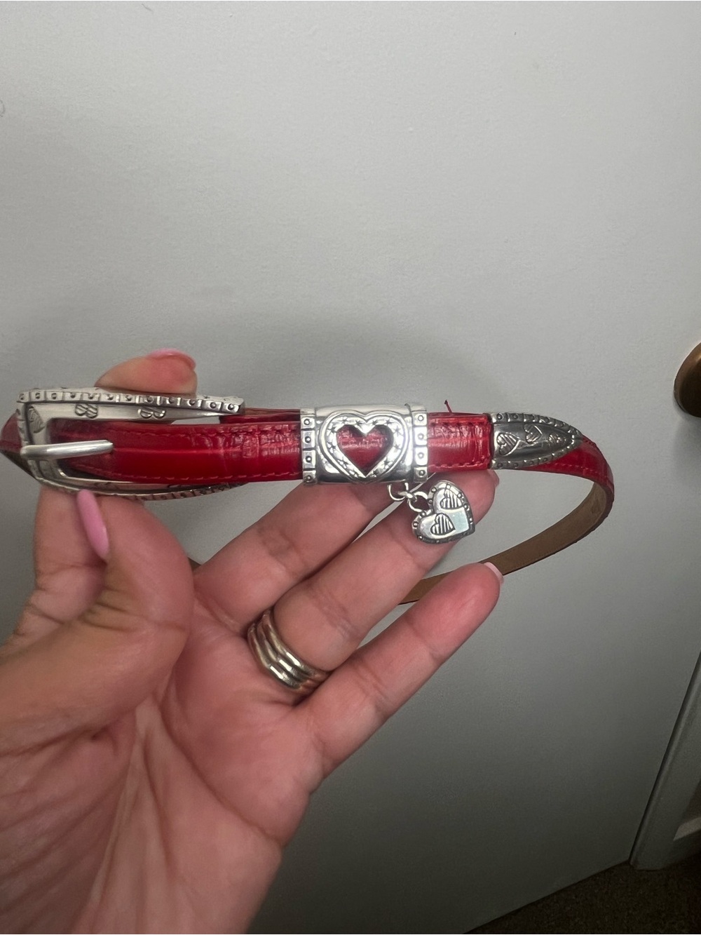 Vtg Brighton Red Leather Belt  Croc with Silver Heart Buckle Charm Sz 32 Skinny